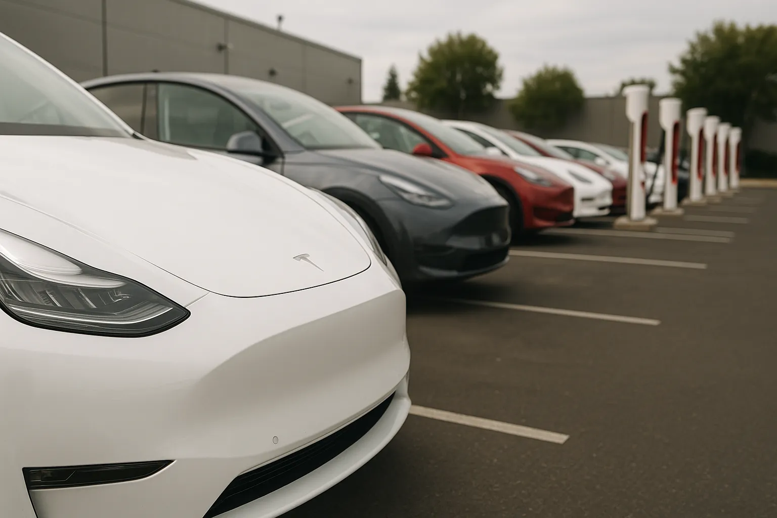 Tesla Model Y and Model 3 stand in a delivery parking lot in front of modern charging infrastructure supporting image 1