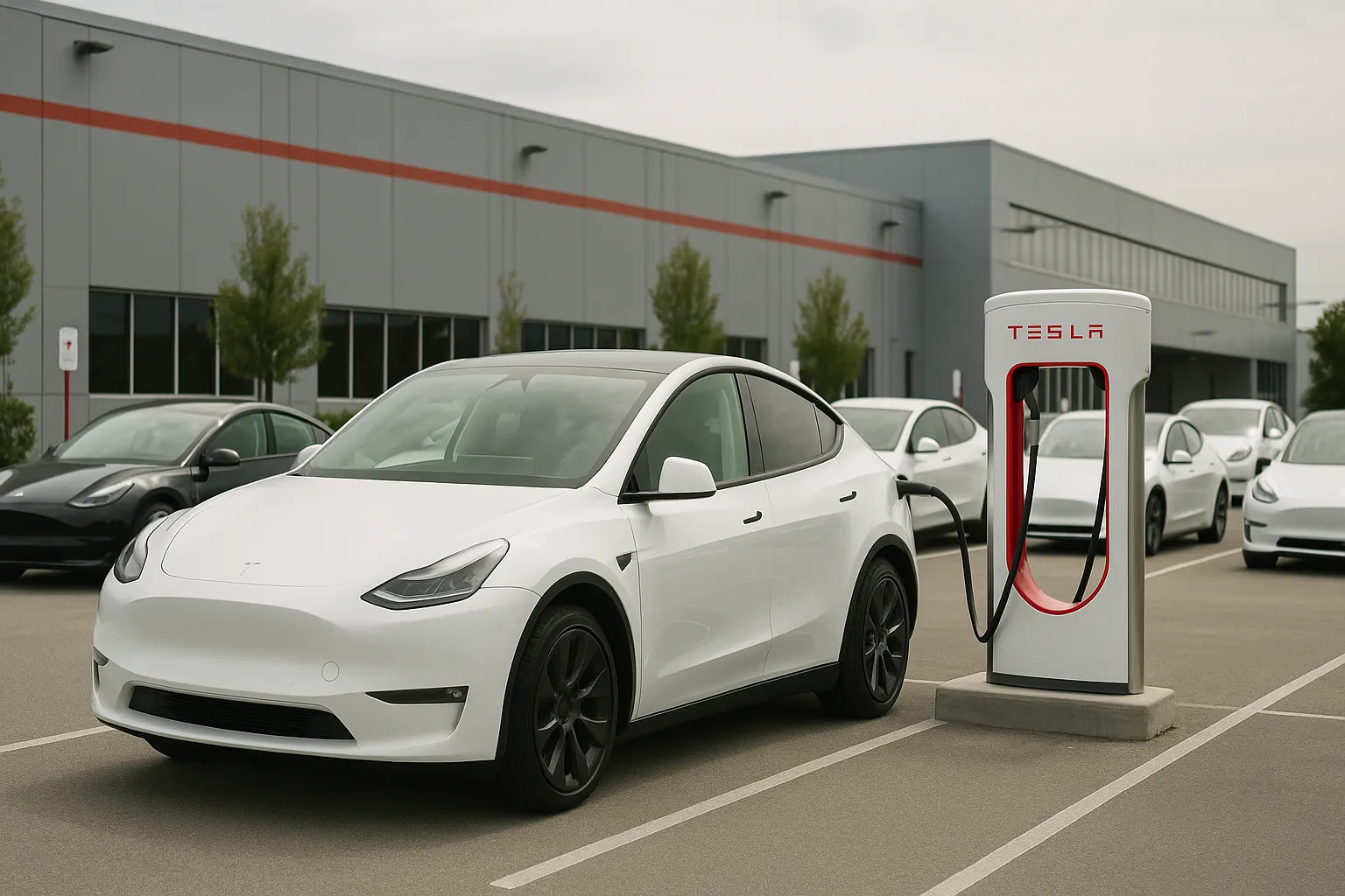 Tesla Model Y and Model 3 stand in a delivery parking lot in front of modern charging infrastructure supporting image 2
