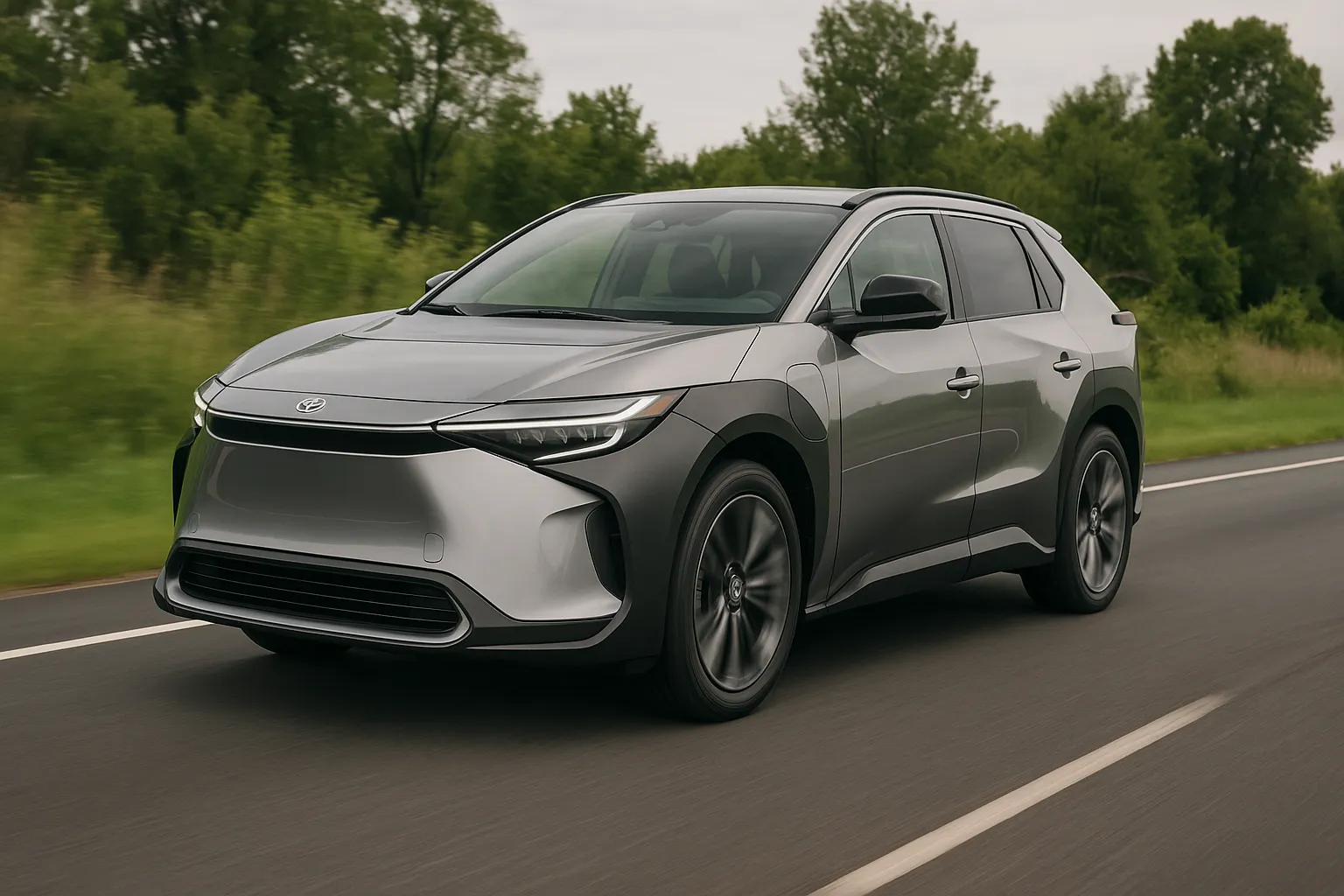 Ein Toyota bZ Elektro-SUV fährt auf einer Straße und steht für den Rückruf der verwandten EVs von Toyota, Lexus und Subaru