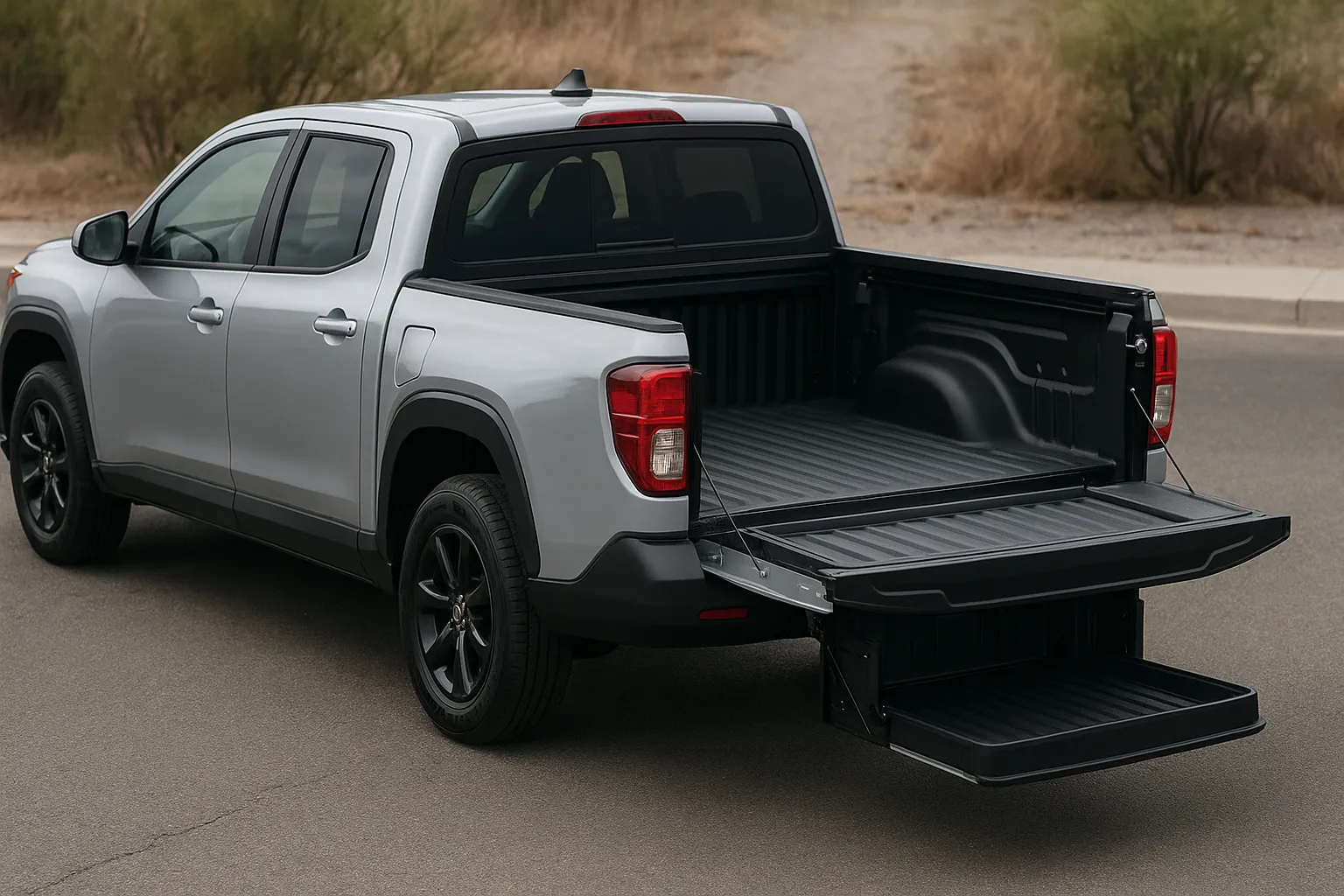 Kompakter Toyota-Pickup als Studie mit geöffneter Heckklappe und verlängerter Ladefläche auf einer Straße