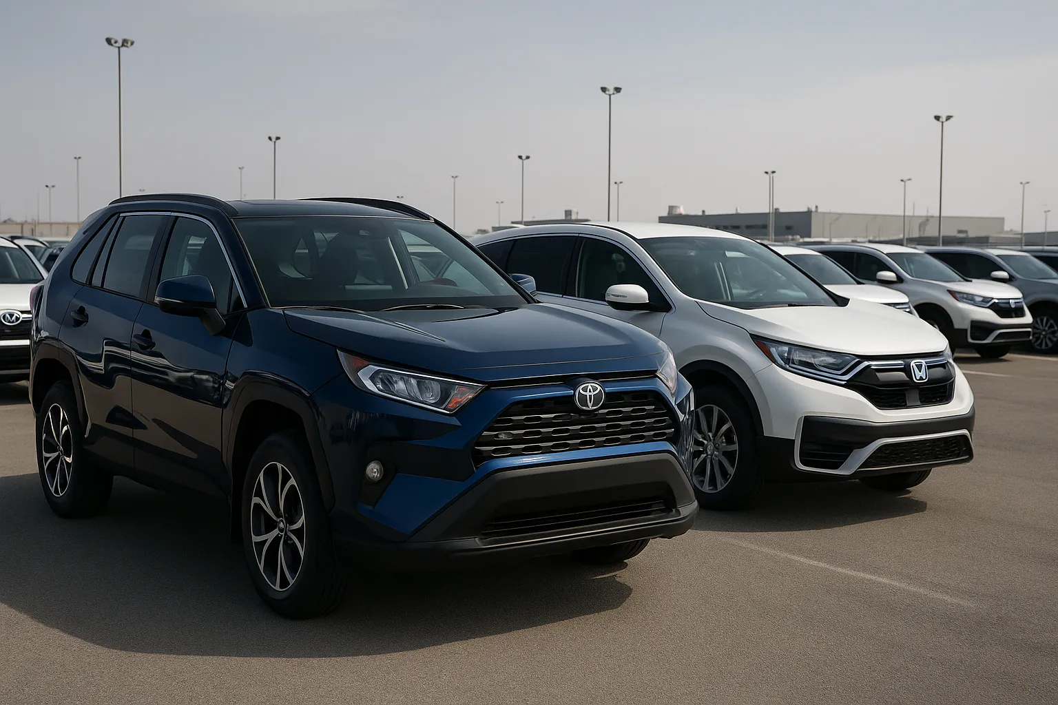 Toyota RAV4 and Honda vehicles on a North American factory site with car transporters in the background
