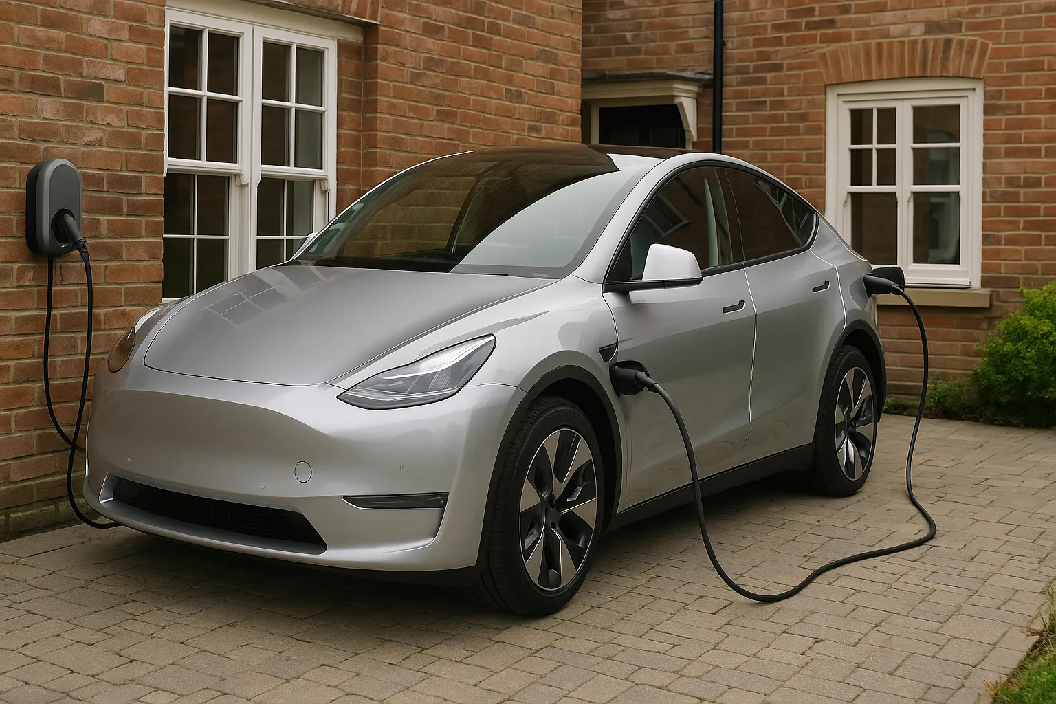 An electric car charging on a driveway outside a UK home at dusk