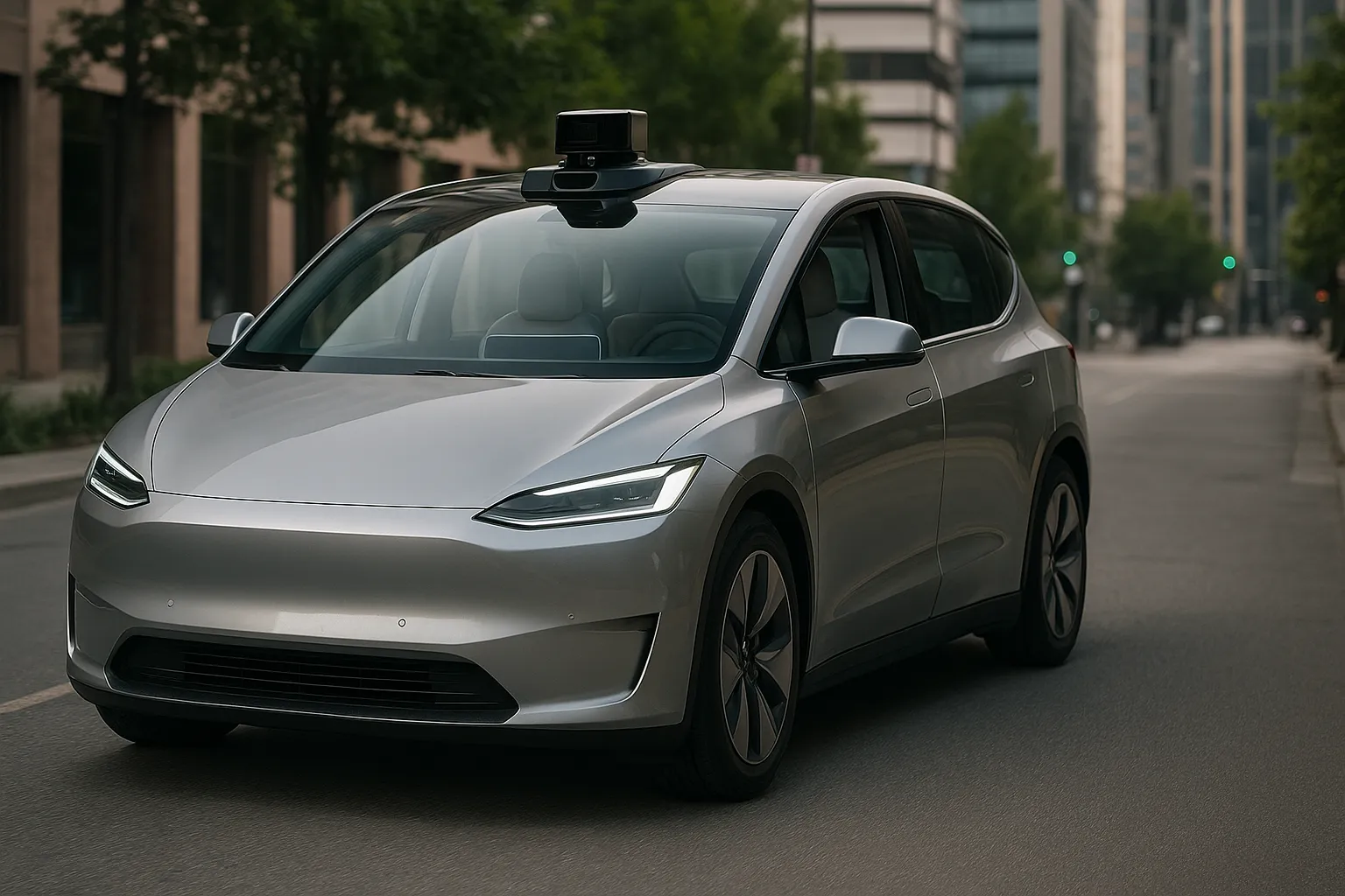 Tesla Cybercab als zweisitziges autonomes Elektroauto ohne sichtbares Lenkrad auf einer futuristischen Stadtstraße