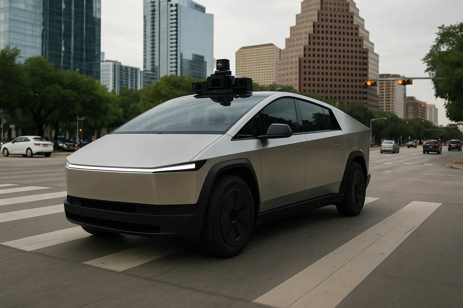 Tesla Cybercab as a driverless electric vehicle in Austin city traffic in daylight