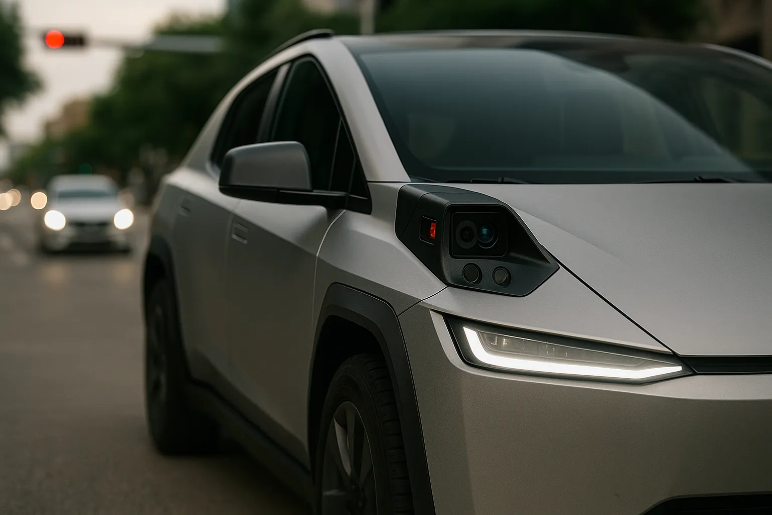 Tesla Cybercab as a driverless electric vehicle in Austin city traffic in daylight supporting image 1