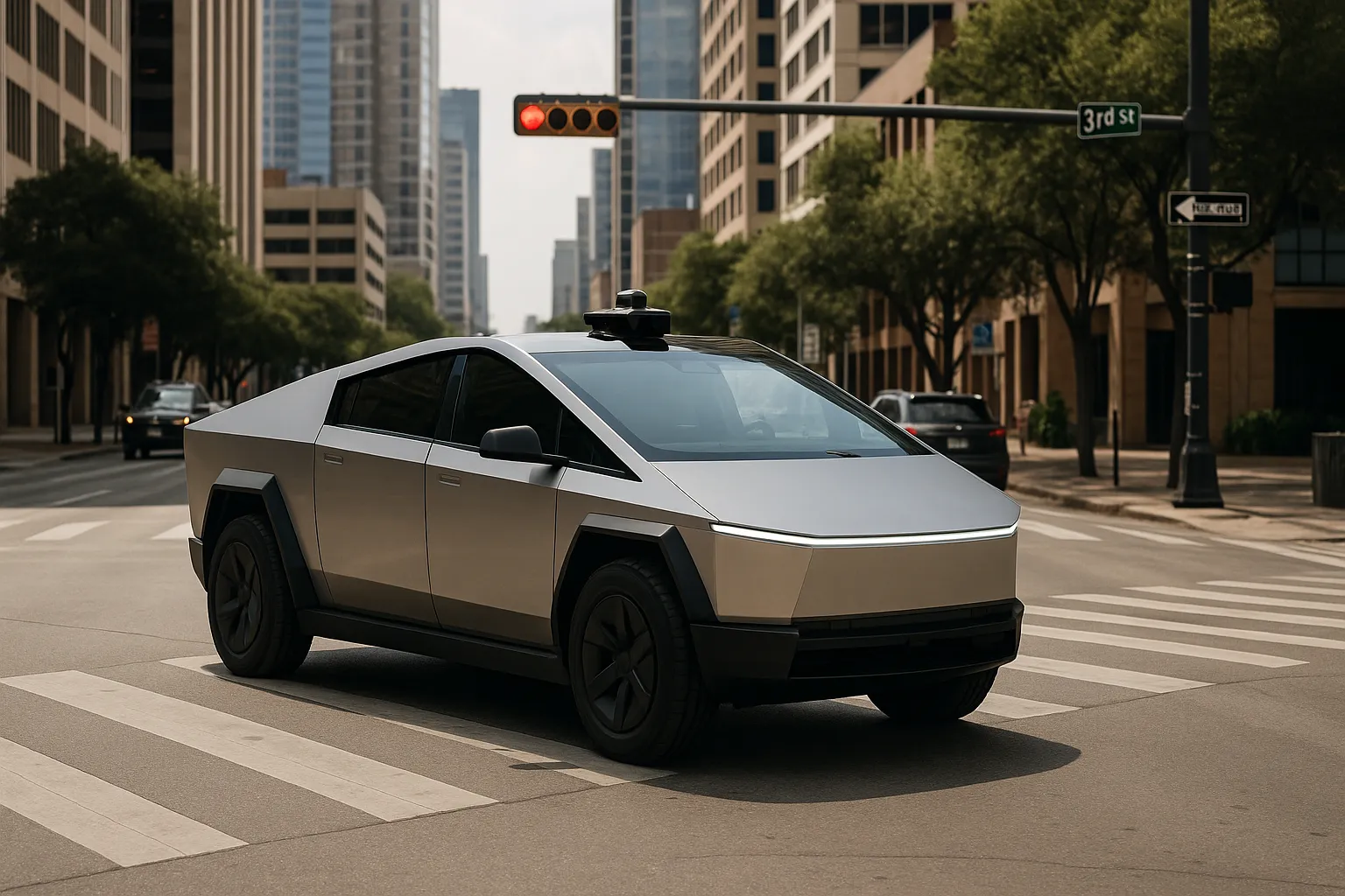 Tesla Cybercab as a driverless electric vehicle in Austin city traffic in daylight supporting image 2