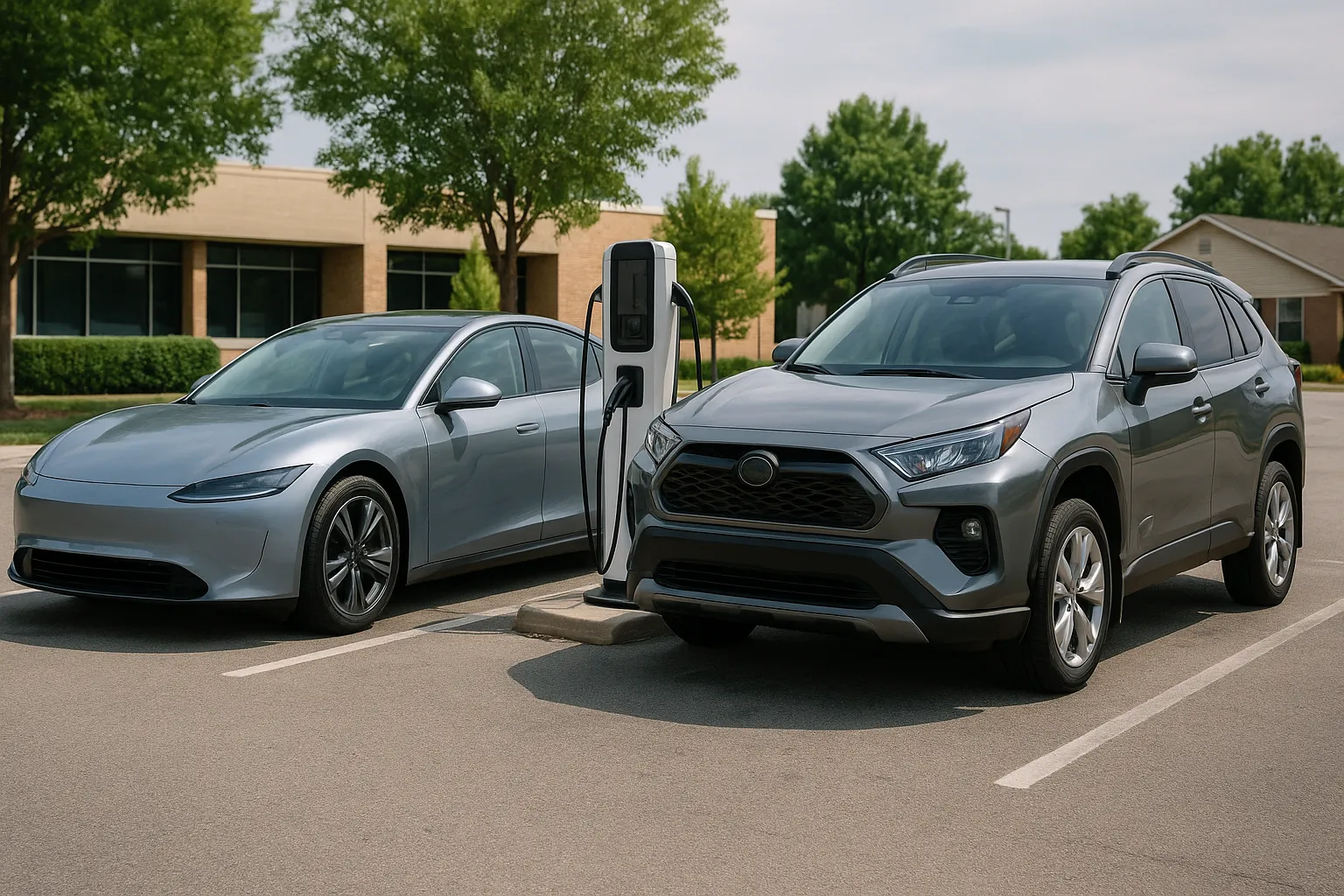 Electric car and hybrid SUV at a modern charging station in a US parking lot at sunset