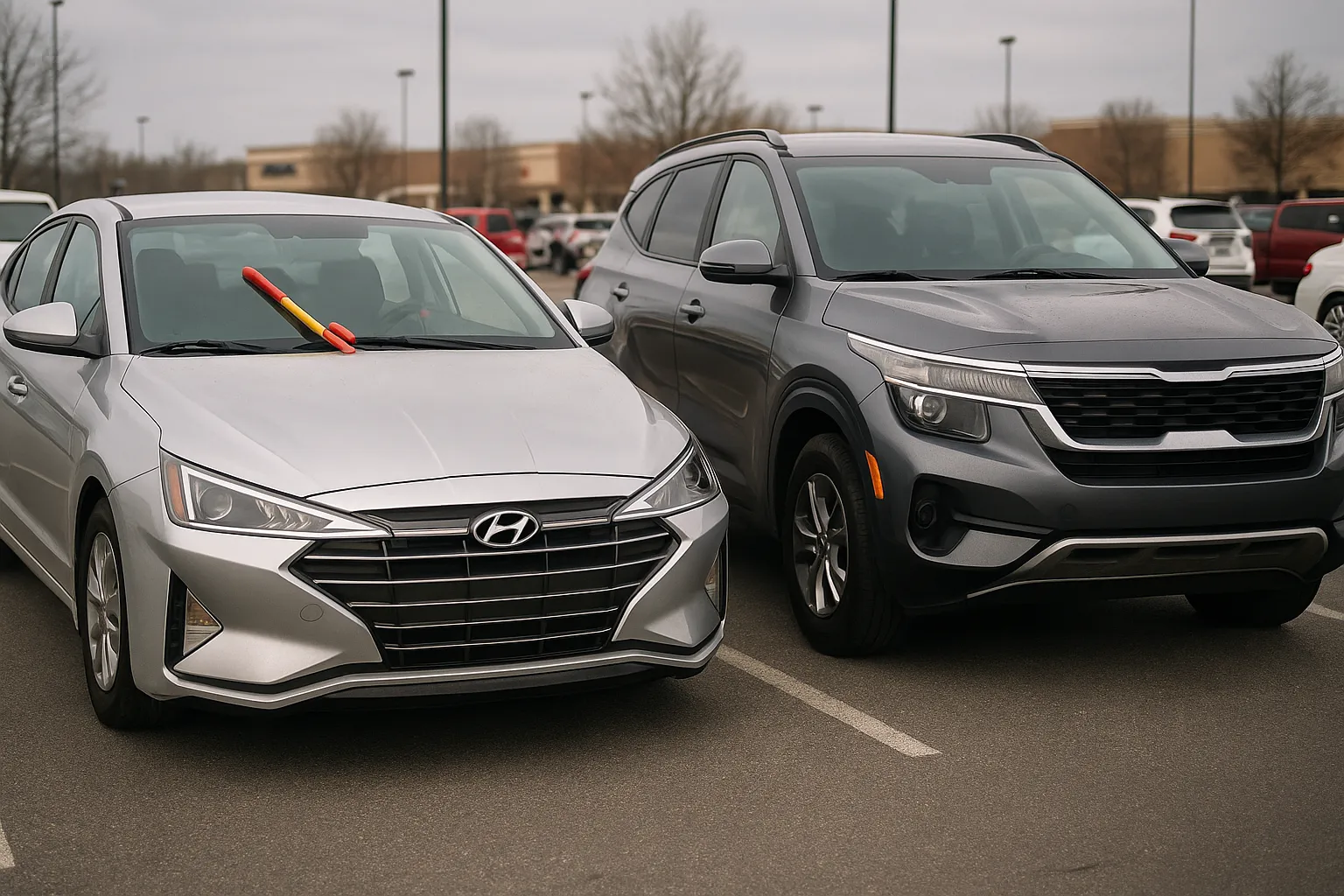Parked Hyundai and Kia in a US parking lot with visible steering wheel locks as theft protection