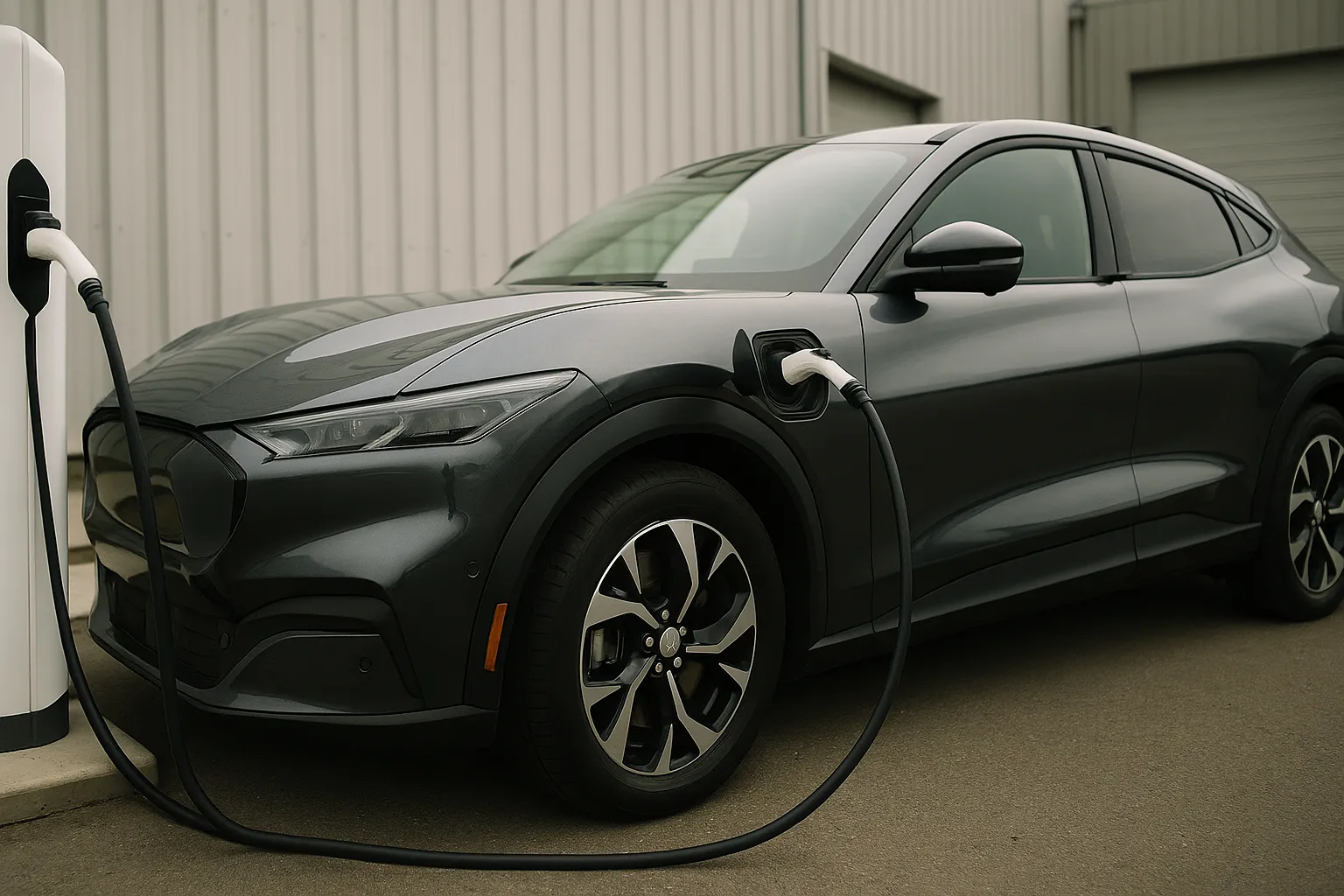 Ford Mustang Mach-E an einer Ladesäule vor einem modernen Werk mit Batterieproduktion im Hintergrund