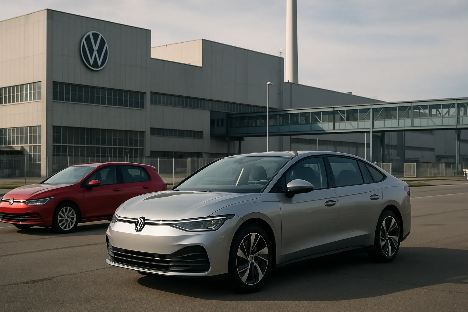 Volkswagen ID.7 and VW Golf in front of a modern factory gate under cloudy skies