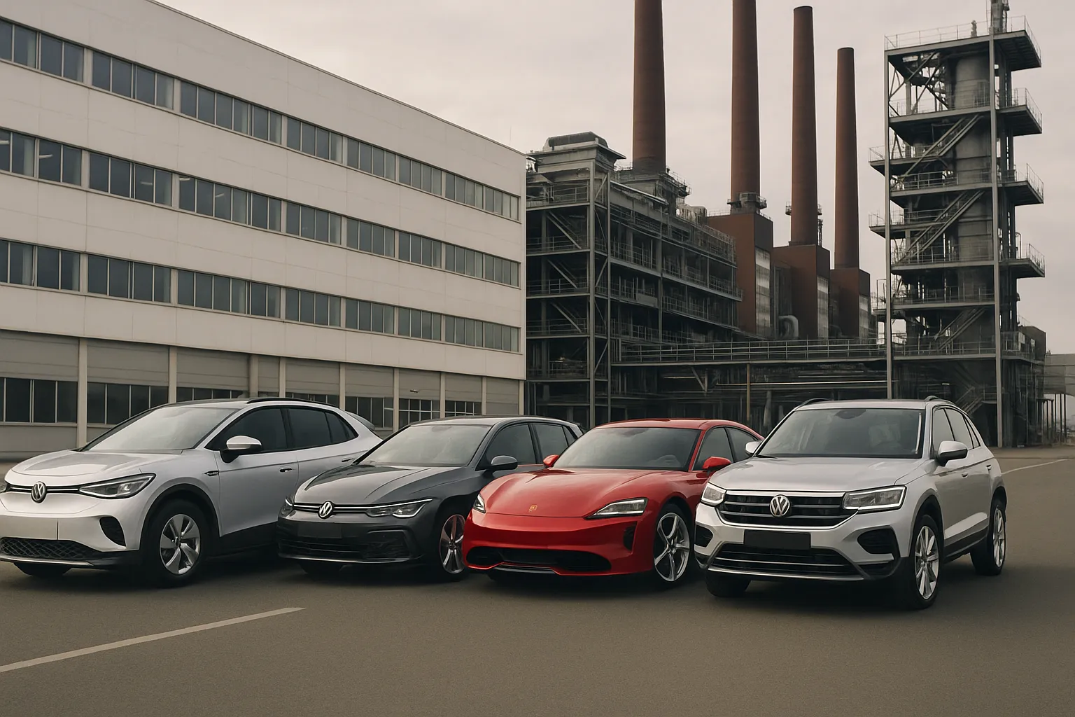 Volkswagen Group vehicles parked outside a modern factory building