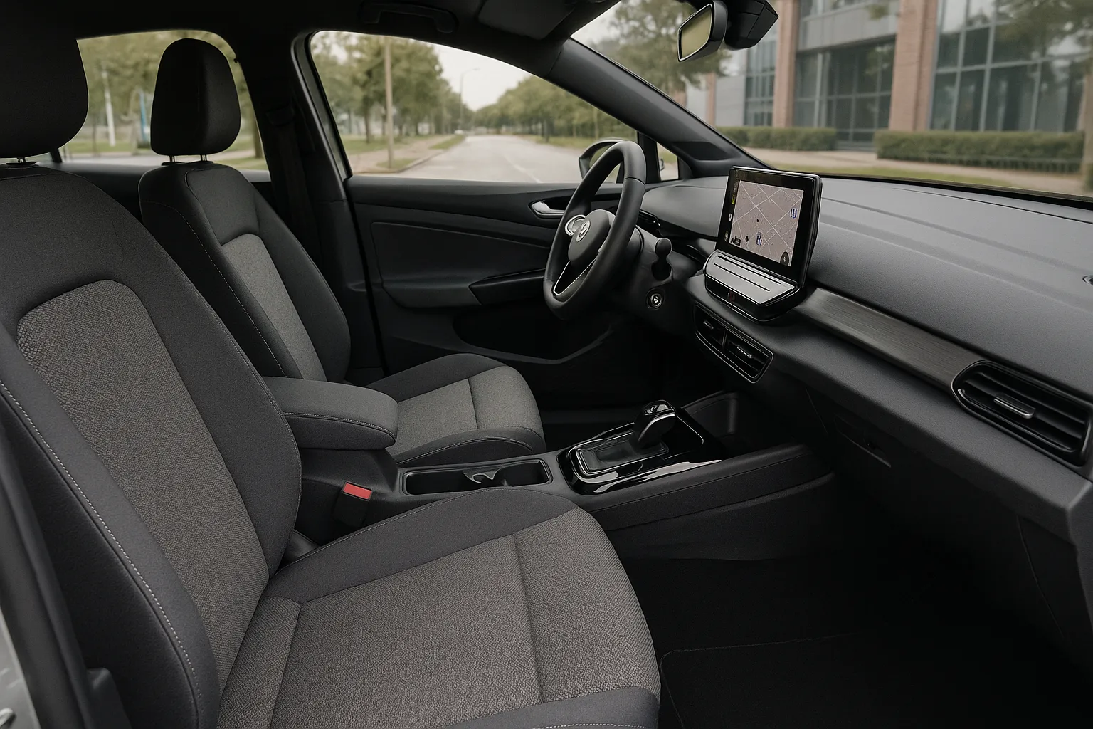 Fahrzeuge der Volkswagen Group vor einem modernen Fabrikgebäude geparkt, unterstützendes Bild 1