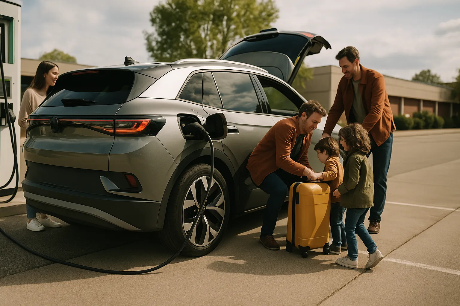 Fahrzeuge der Volkswagen Group vor einem modernen Fabrikgebäude geparkt, unterstützendes Bild 2