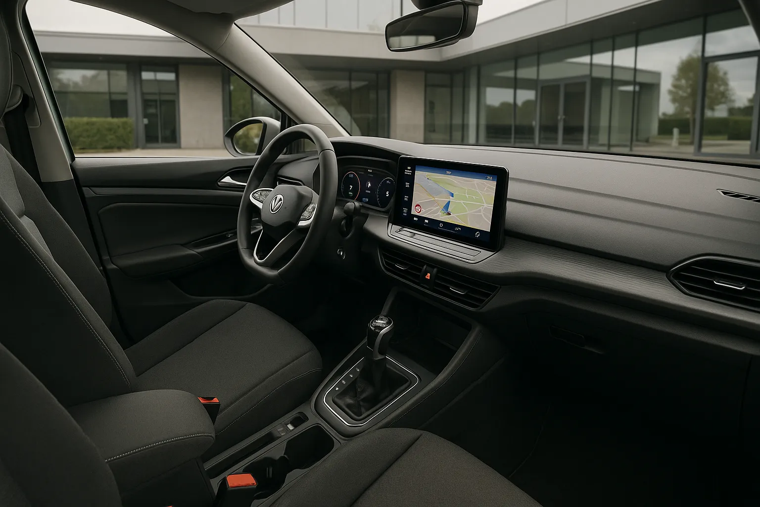 Fahrzeuge des Volkswagen Konzerns stehen in der Dämmerung vor einem modernen Autohaus, unterstützendes Bild 1