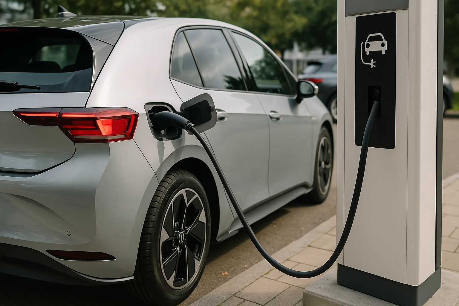 Fahrzeuge des Volkswagen Konzerns stehen in der Dämmerung vor einem modernen Autohaus, unterstützendes Bild 2
