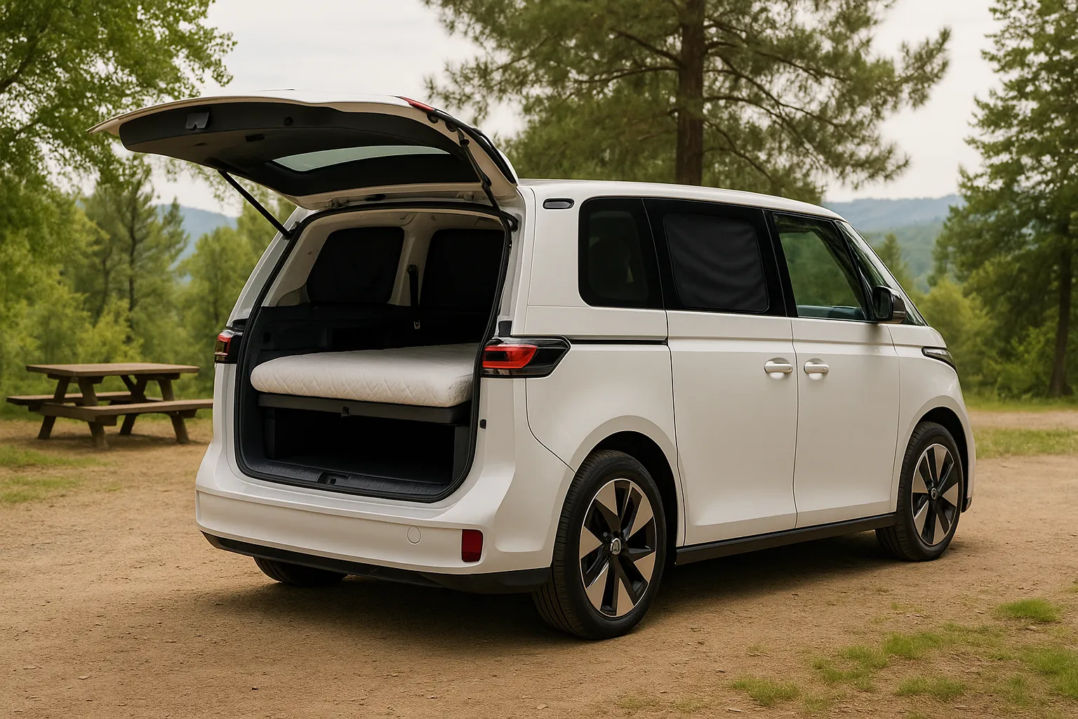 Volkswagen ID. Buzz electric van set up for camping with rear bed and accessories