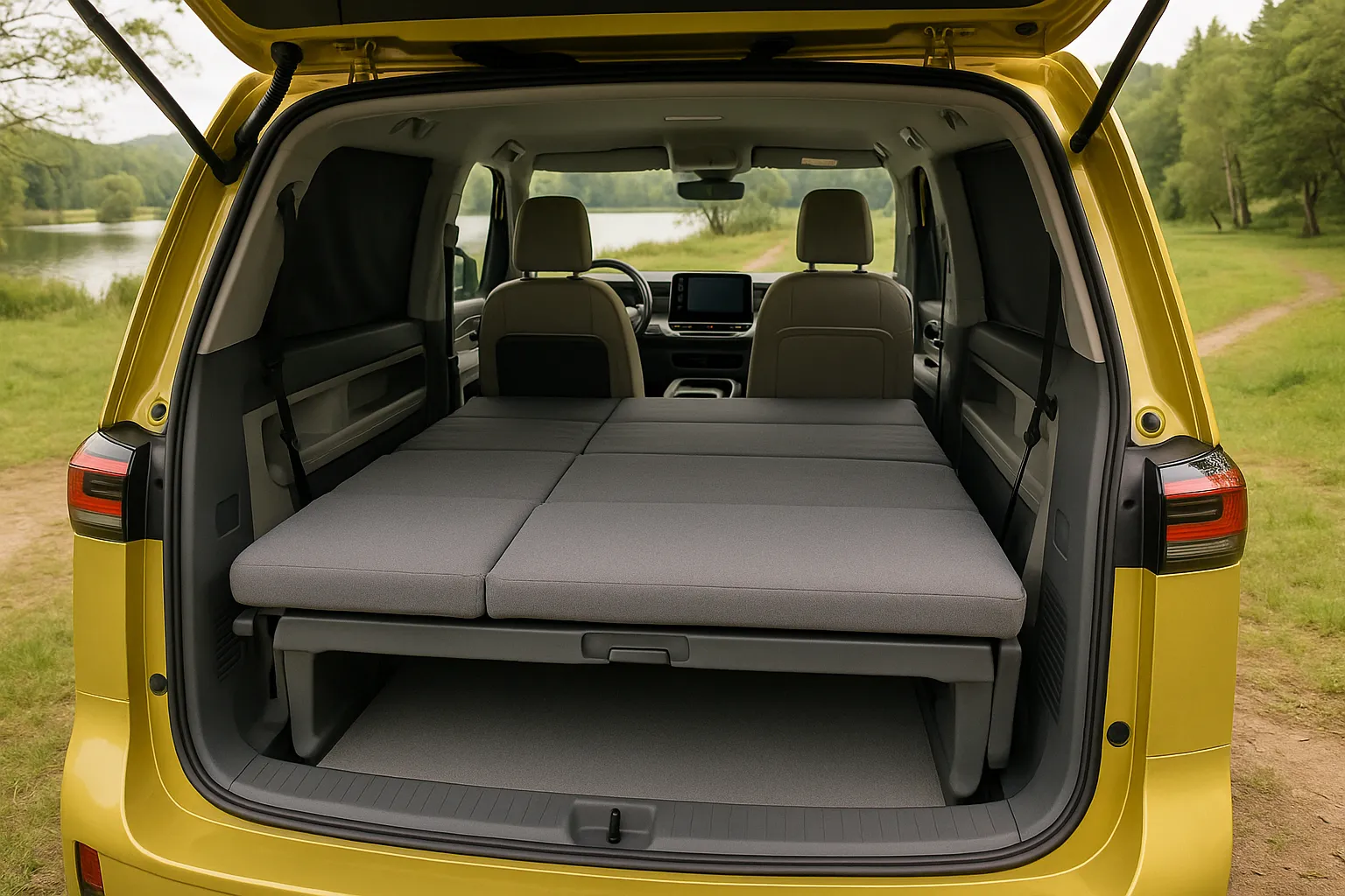 Volkswagen ID. Buzz Elektro-Van fürs Camping mit Heckbett und Zubehör eingerichtet, unterstützendes Bild 1