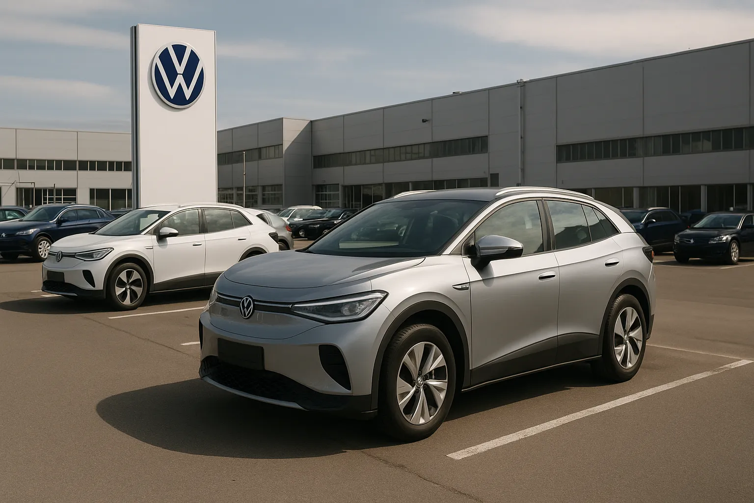Several electric Volkswagen ID. models at a German dealer lot next to conventional VW models