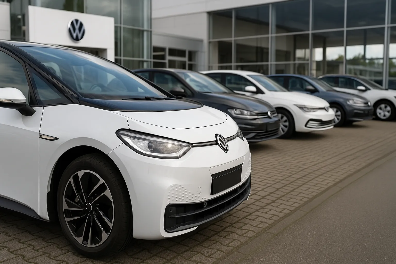 Several electric Volkswagen ID. models at a German dealer lot next to conventional VW models supporting image 1