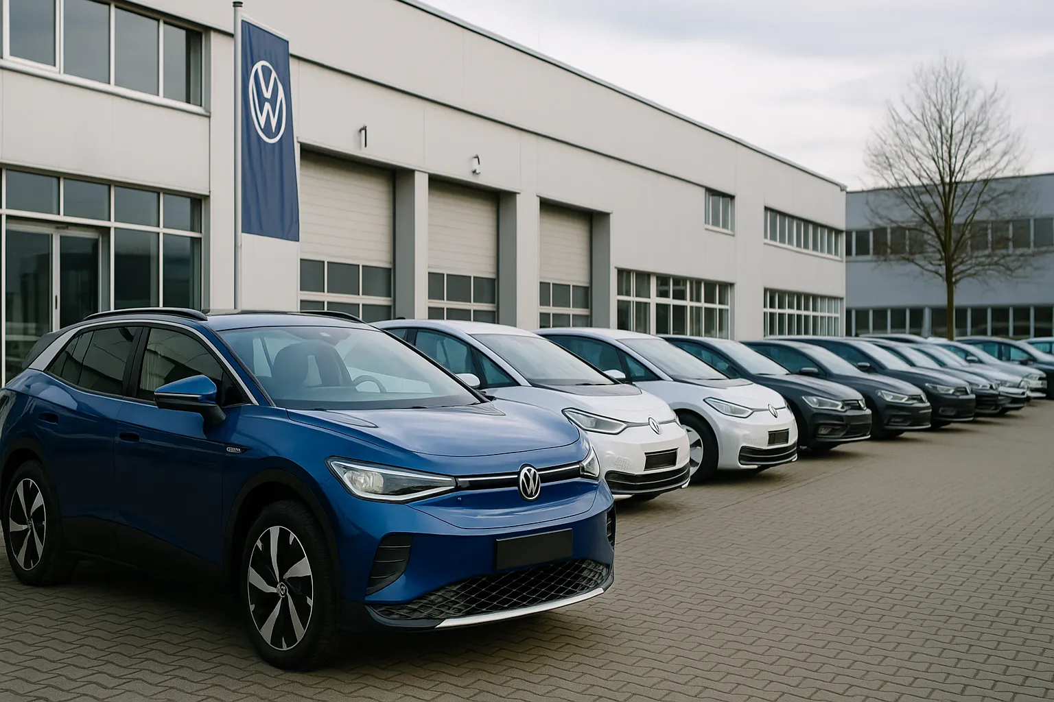 Several electric Volkswagen ID. models at a German dealer lot next to conventional VW models supporting image 2