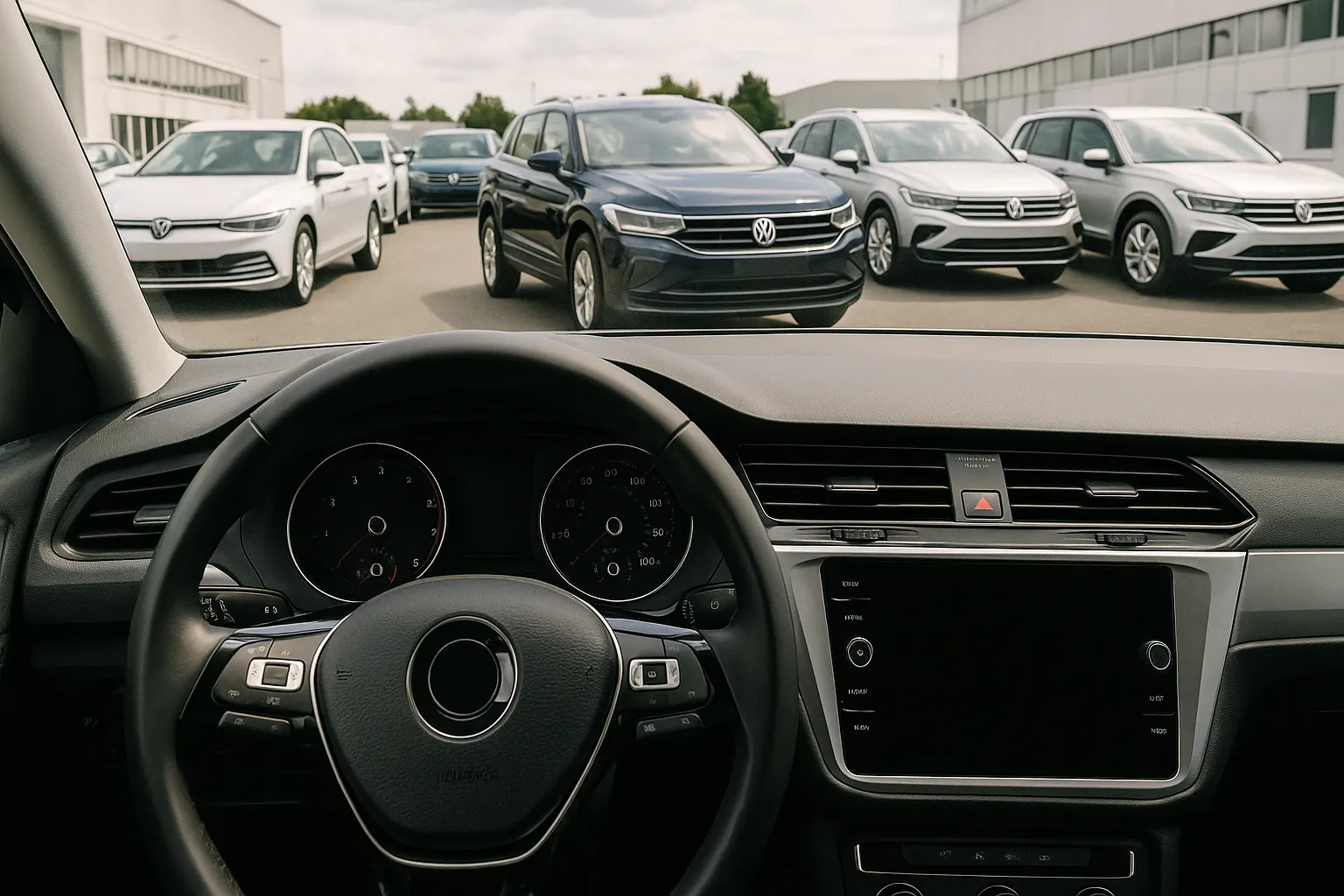 Volkswagen vehicles on a factory site, with a steering wheel in a modern cockpit in the foreground
