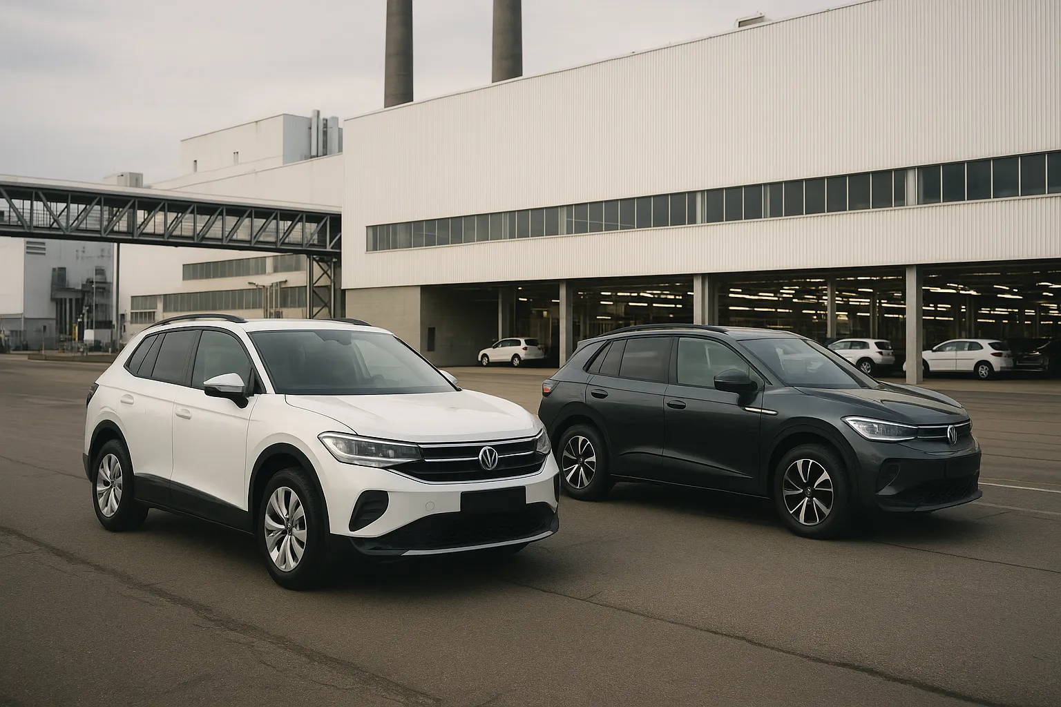 Volkswagen-Fahrzeuge auf einem Werksgelände in Deutschland vor einer großen Montagehalle