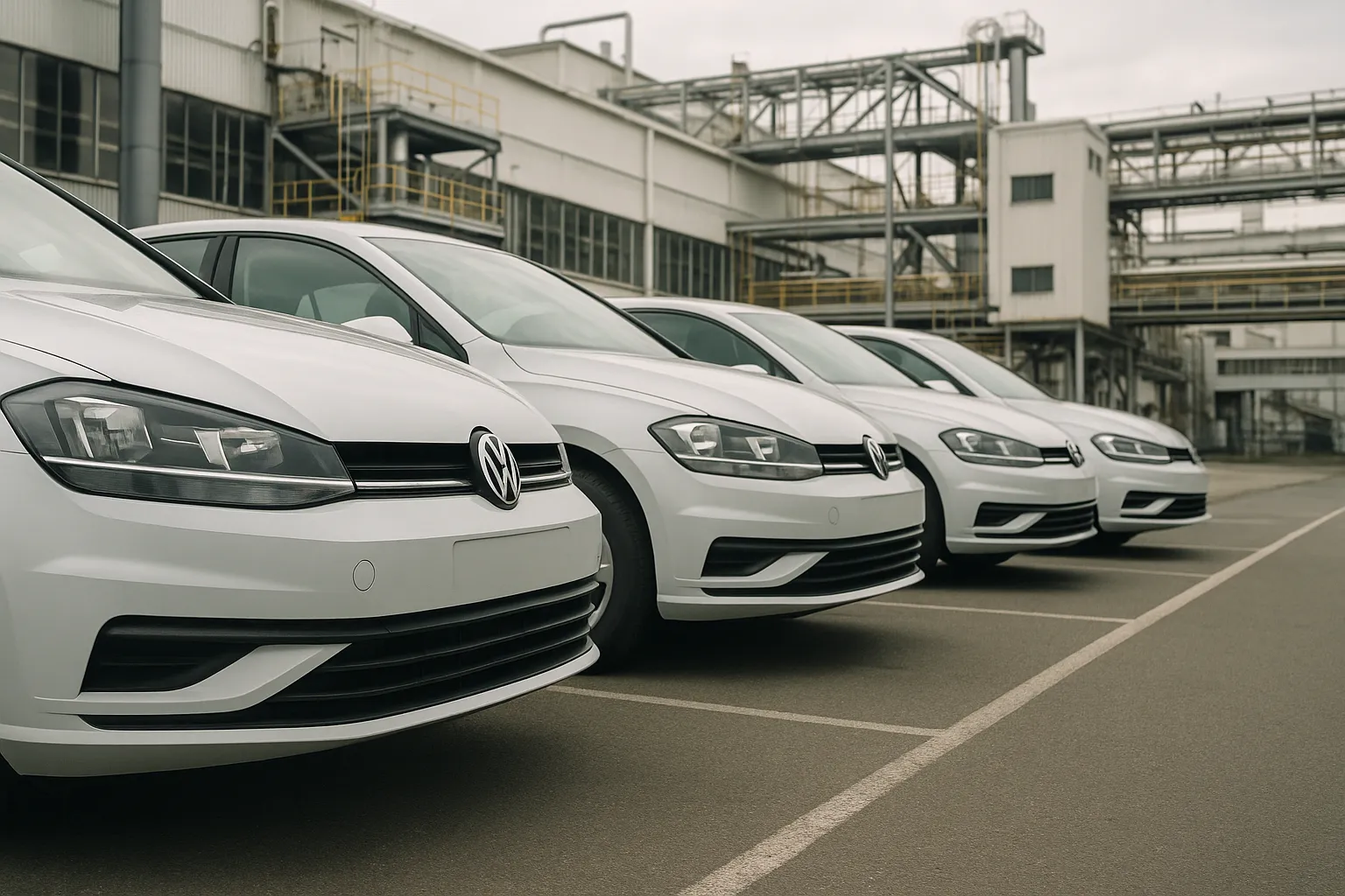 Volkswagen-Fahrzeuge auf einem Werksgelände in Deutschland vor einer großen Montagehalle supporting image 1