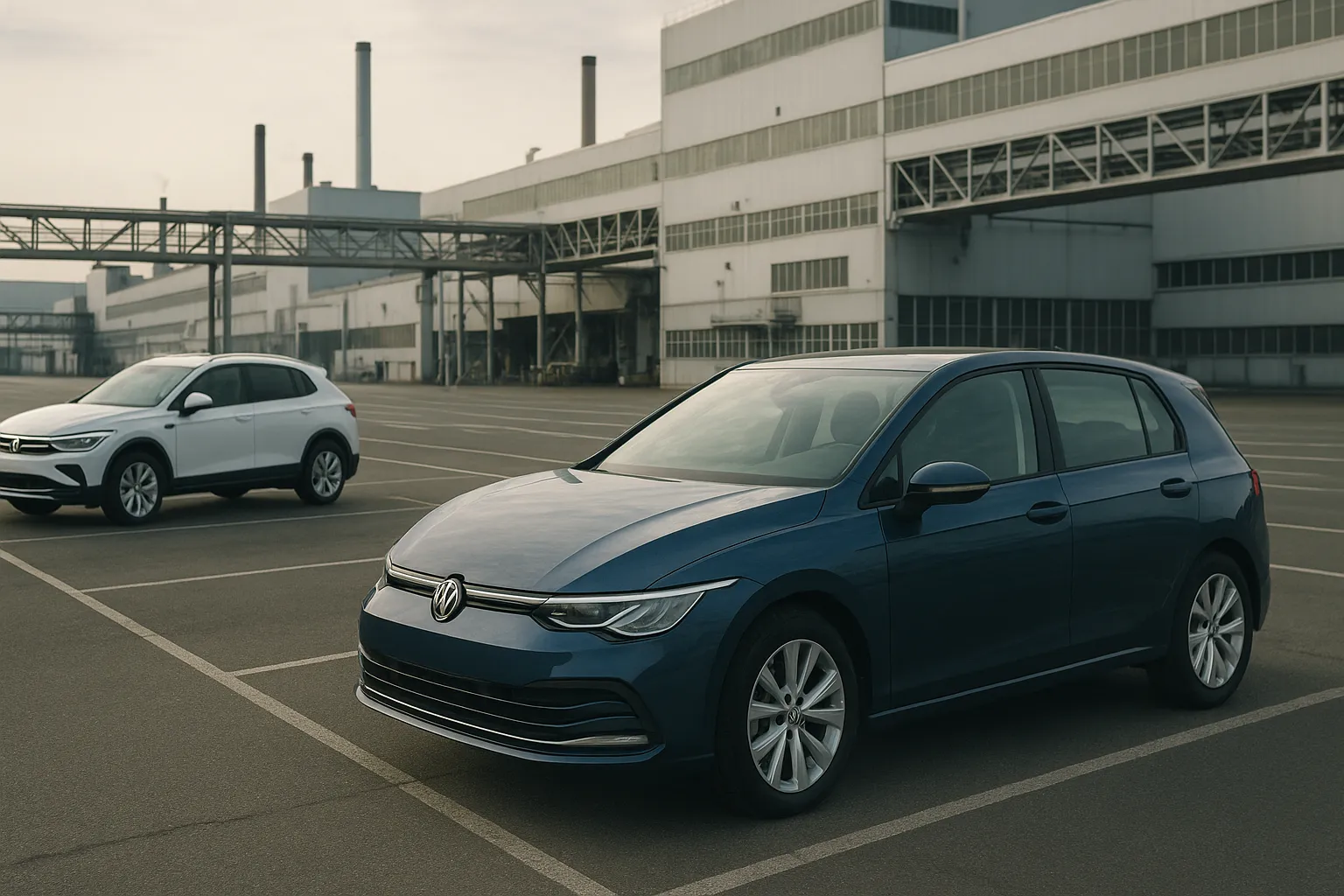 Volkswagen-Fahrzeuge auf einem Werksgelände in Deutschland vor einer großen Montagehalle supporting image 2