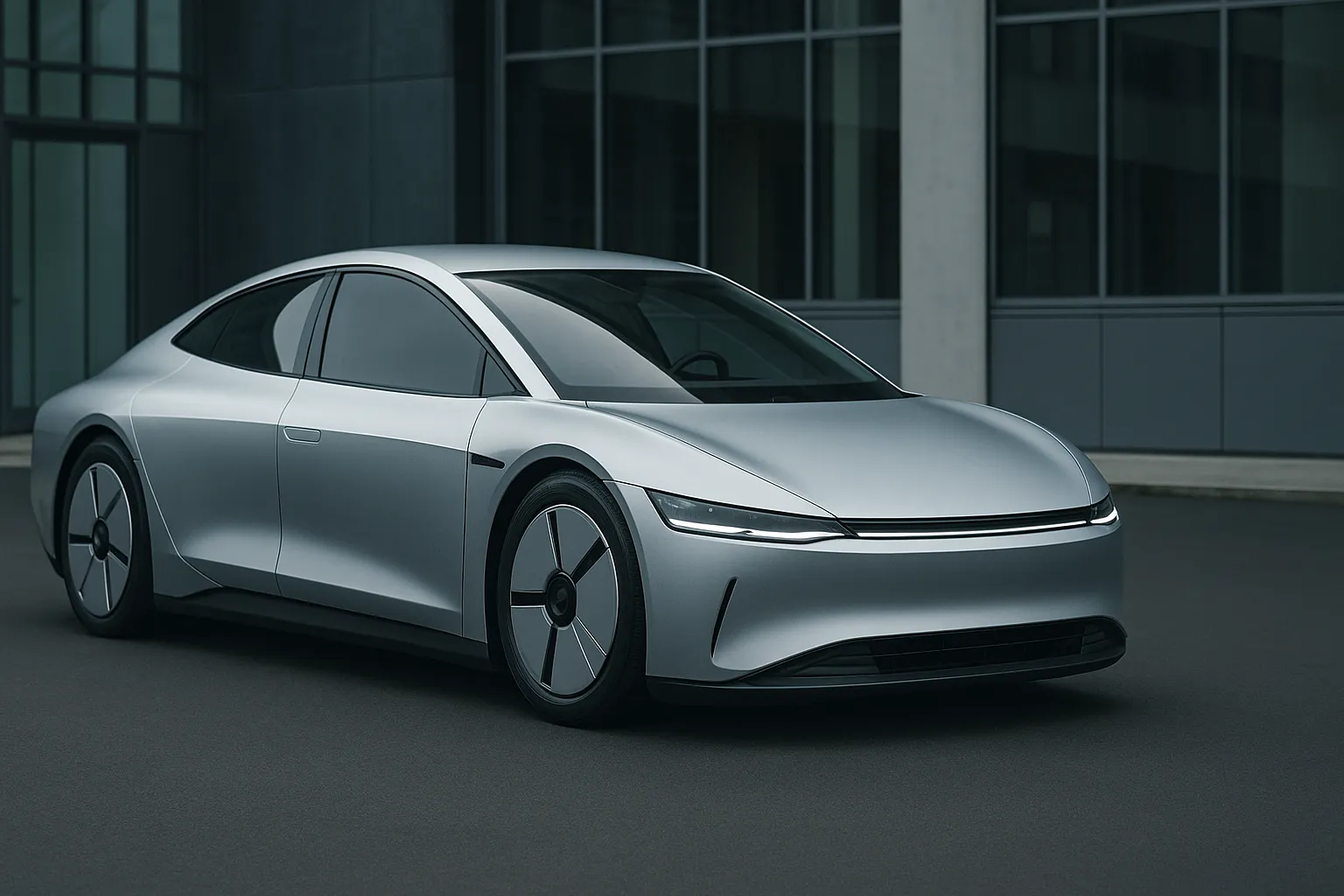 Volkswagen Mission Efficiency concept car in silver paintwork with a flat, aerodynamic body in a parking garage environment