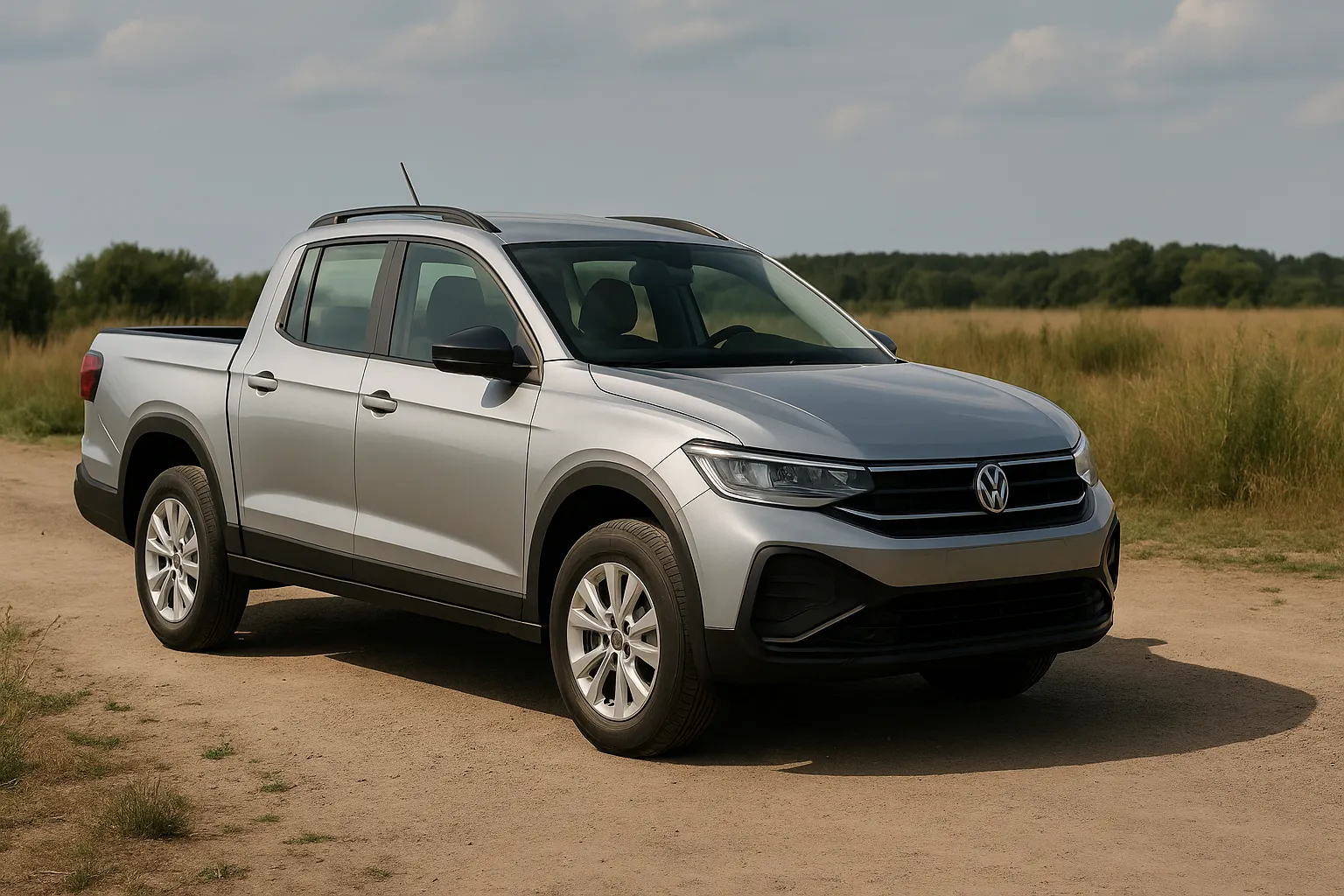 Volkswagen Tukan pickup in three-quarter view on a road, with a short load bed and modern front-end design supporting image 2
