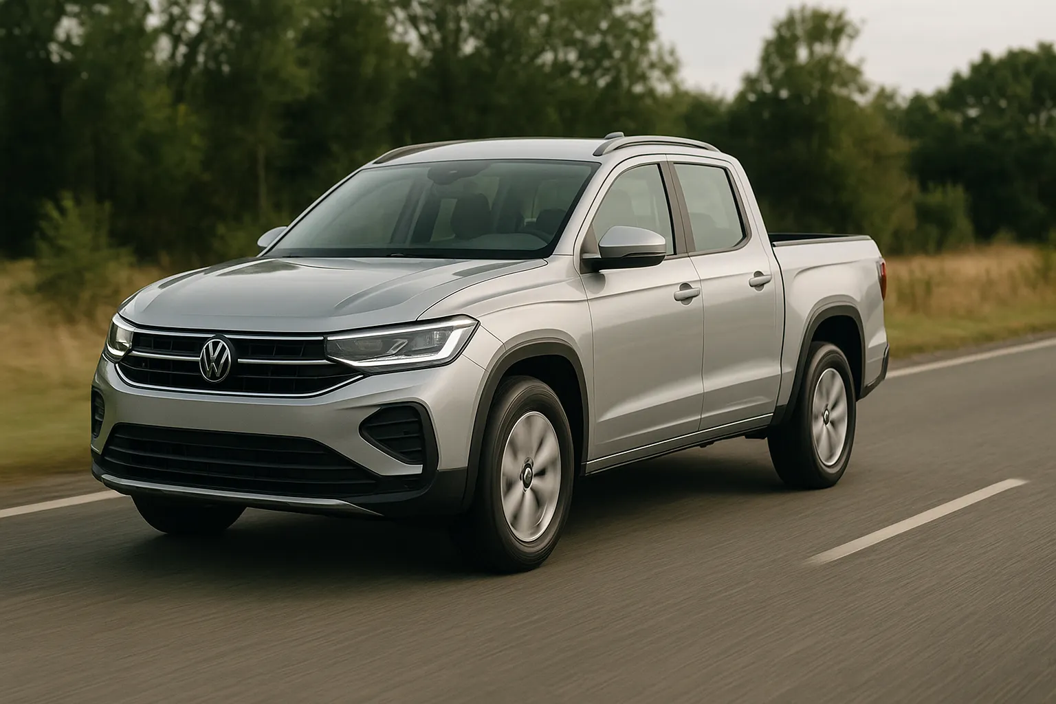 Volkswagen Tukan Pickup in Dreiviertelansicht auf einer Straße, mit kurzer Ladefläche und moderner Frontgestaltung