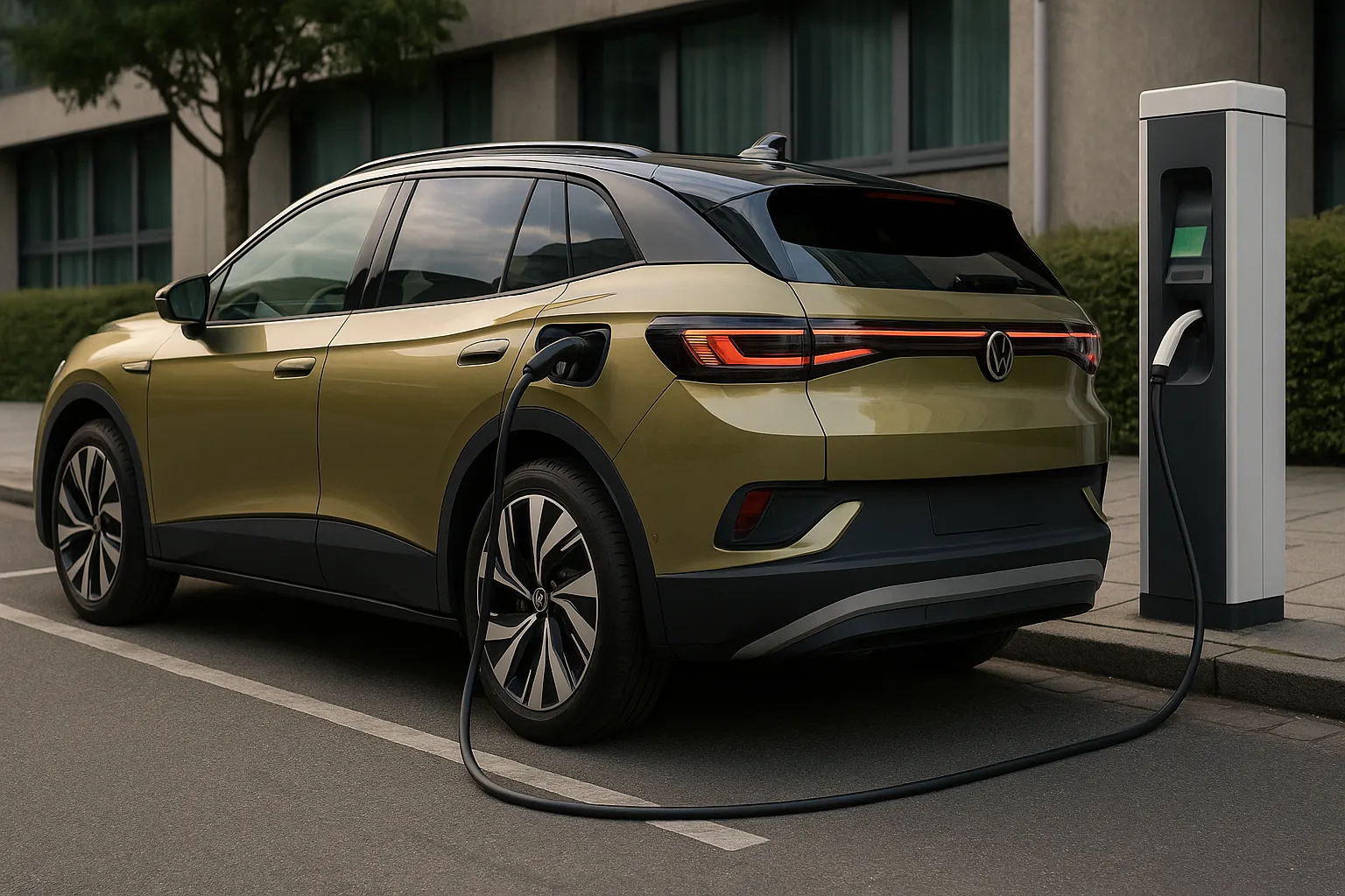 Ein moderner elektrischer Volkswagen-SUV fährt in der Dämmerung auf einer europäischen Stadtstraße, unterstützendes Bild 2