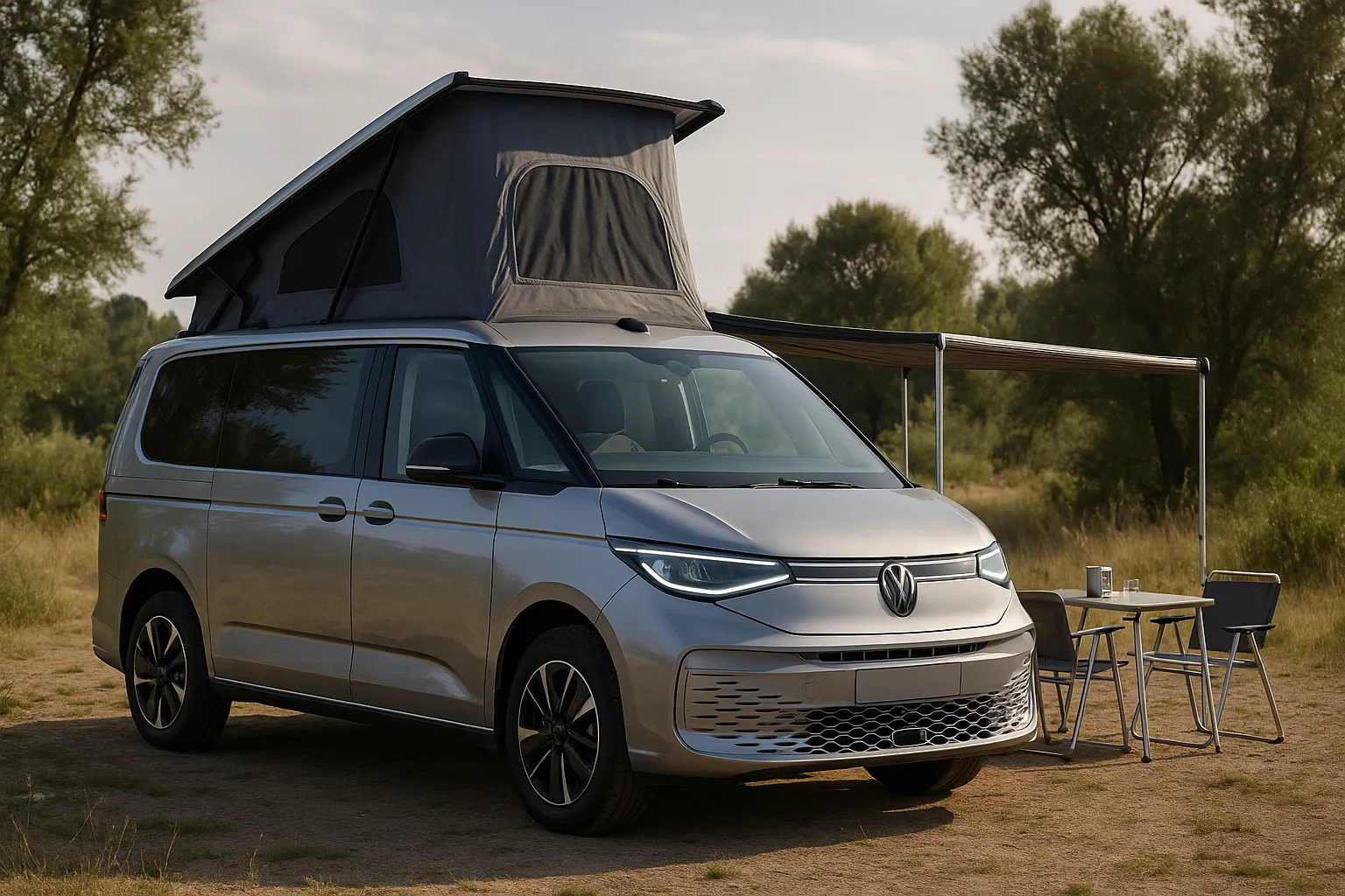 Volkswagen California Campervan auf einem Campingplatz bei Sonnenuntergang mit aufgeklapptem Dach