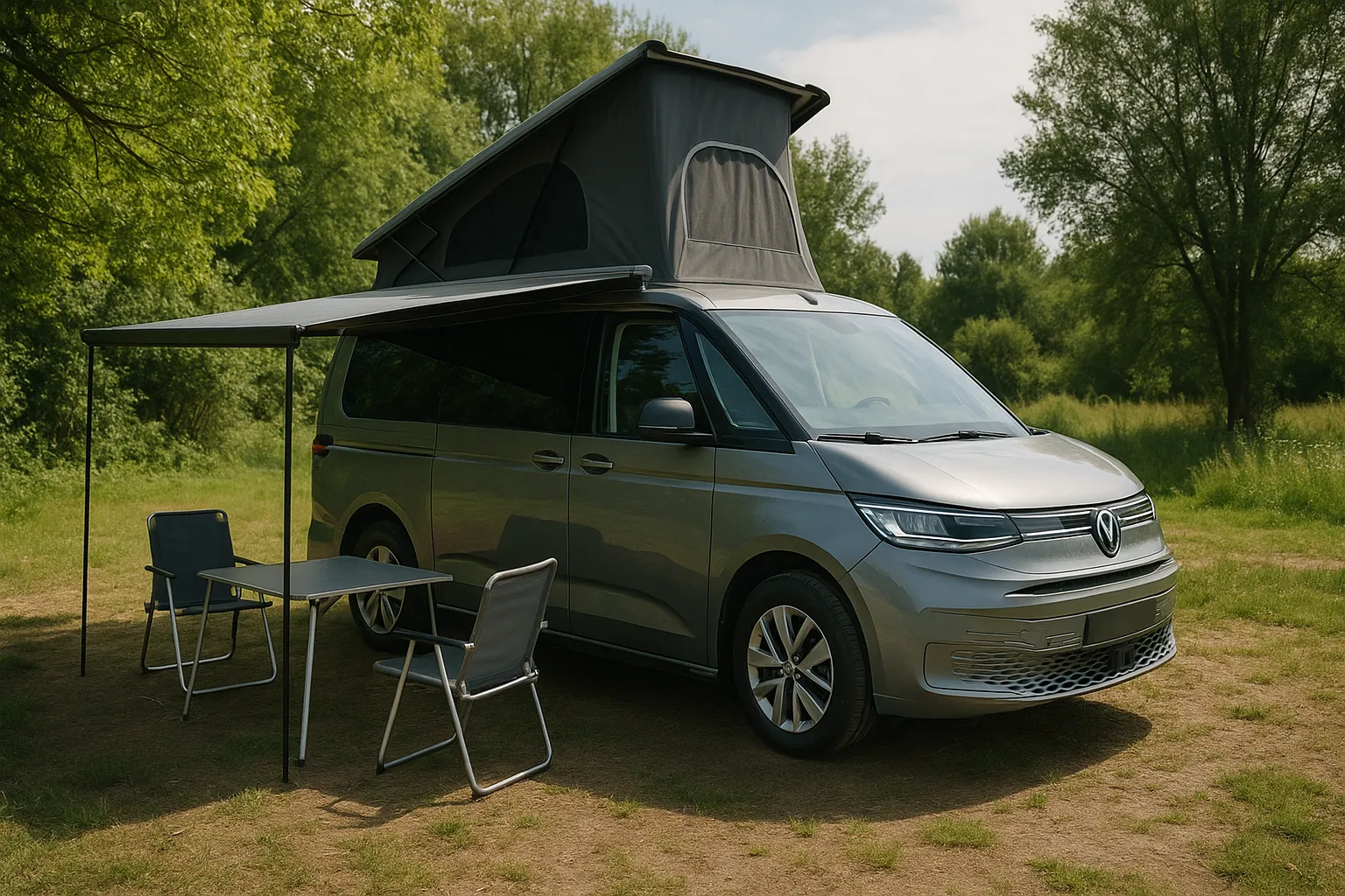 Volkswagen California Campervan auf einem Campingplatz bei Sonnenuntergang mit aufgeklapptem Dach supporting image 2