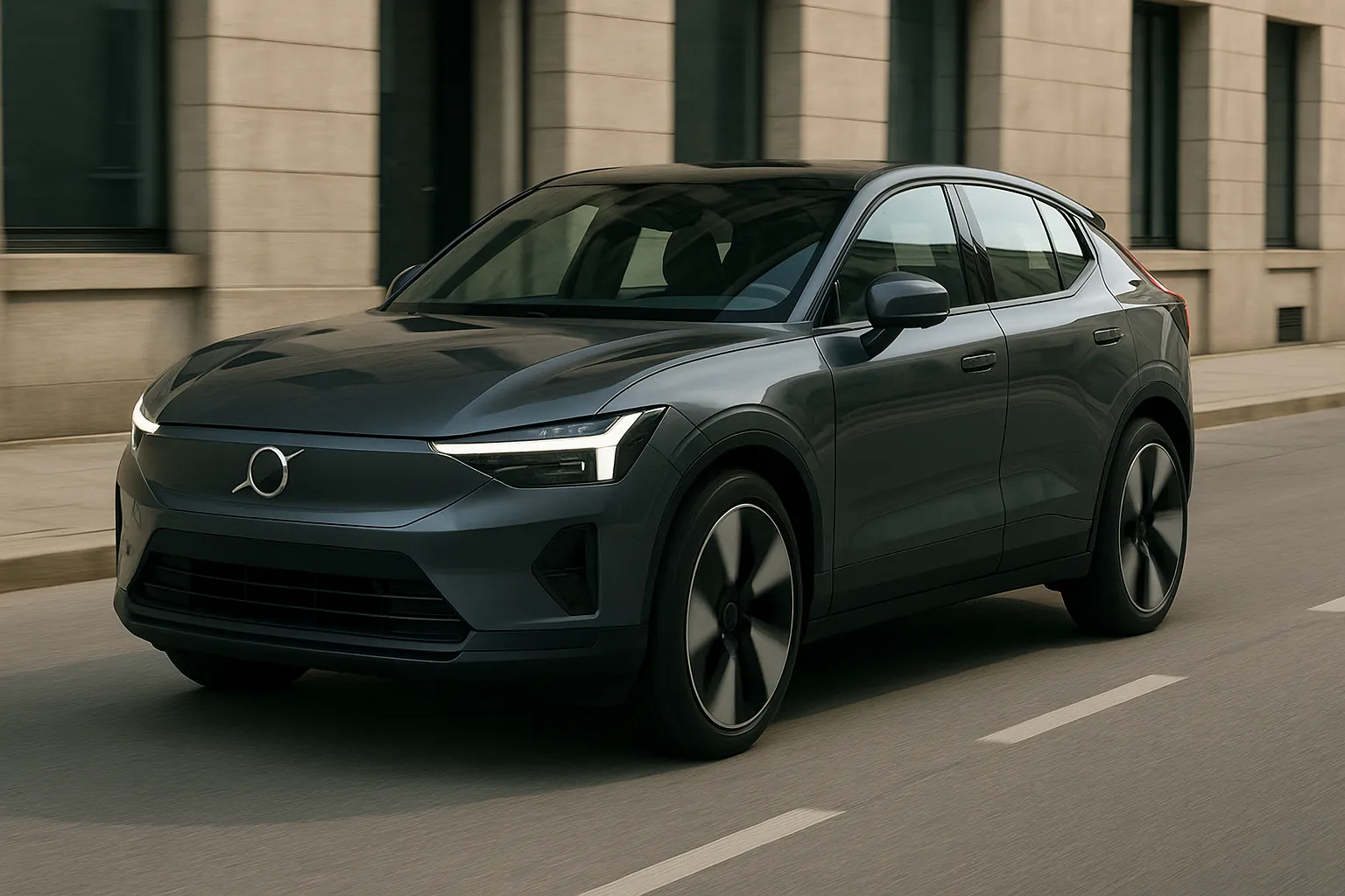Volvo Elektro-SUV fährt in der Dämmerung auf einer modernen Stadtstraße