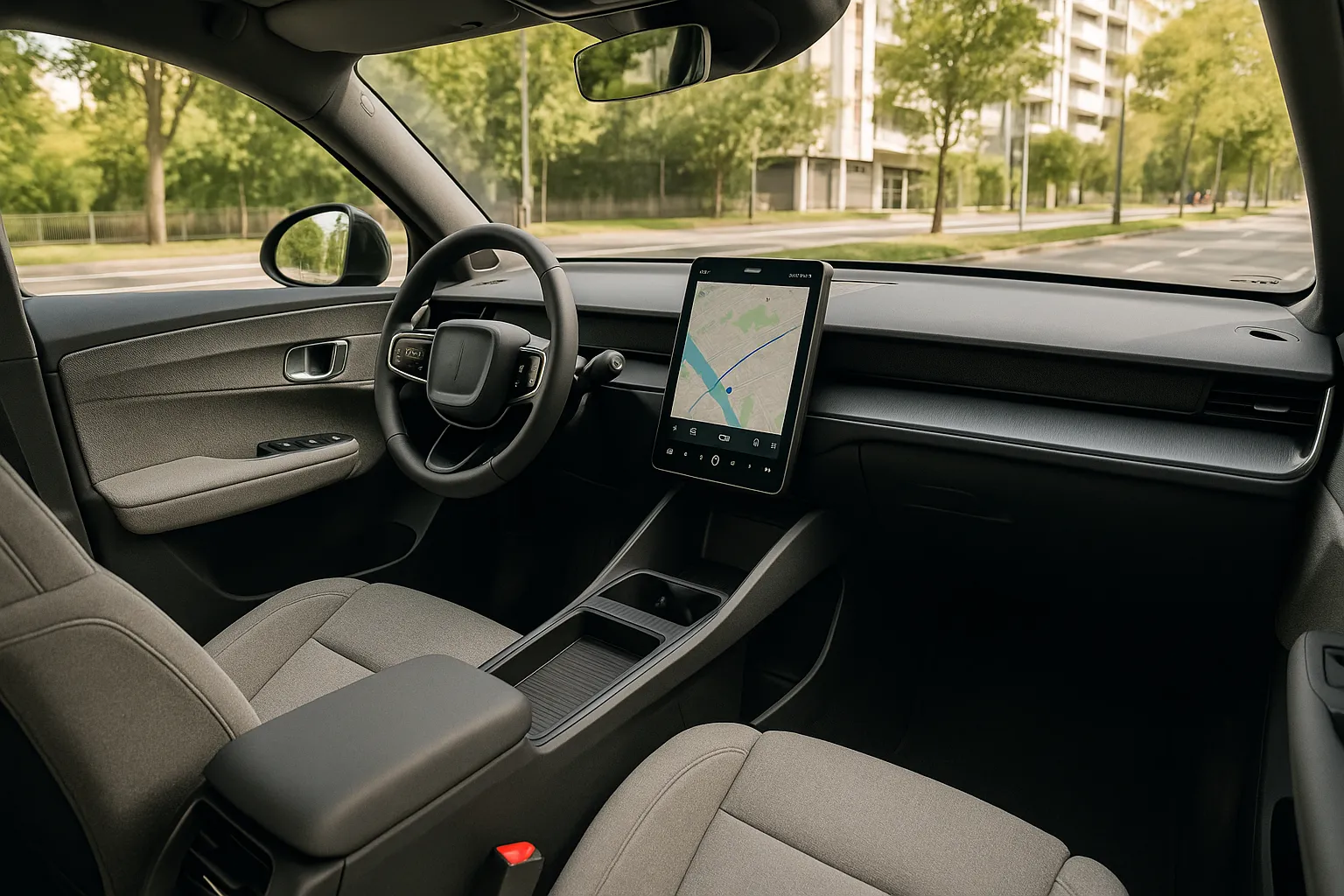 Volvo Elektro-SUV fährt in der Dämmerung auf einer modernen Stadtstraße, unterstützendes Bild 1