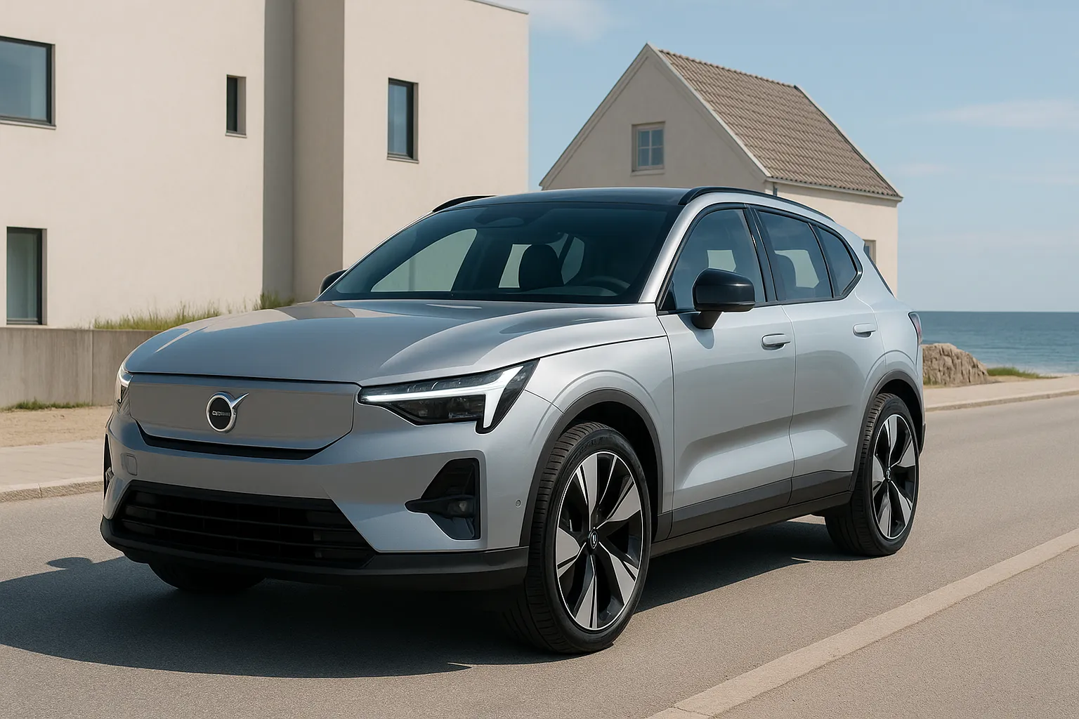 Volvo EX90 on a road in front of modern Scandinavian architecture