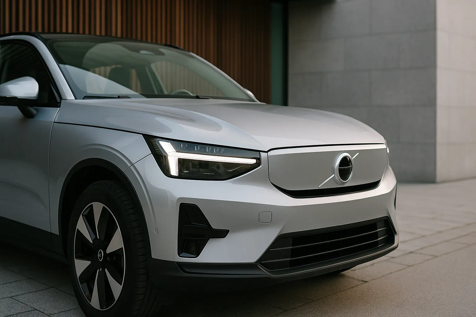 Volvo EX90 on a road in front of modern Scandinavian architecture supporting image 1