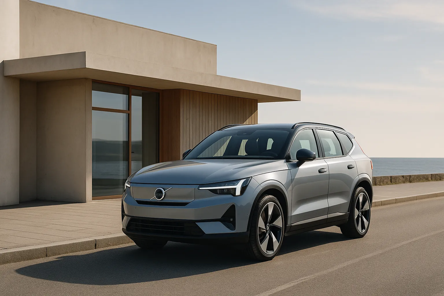 Volvo EX90 on a road in front of modern Scandinavian architecture supporting image 2