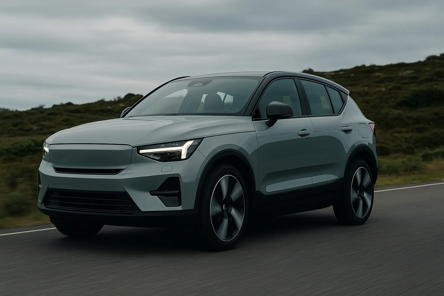 Volvo Elektro-SUV vor moderner Architektur als Symbol für die kommende Modelloffensive bis 2030