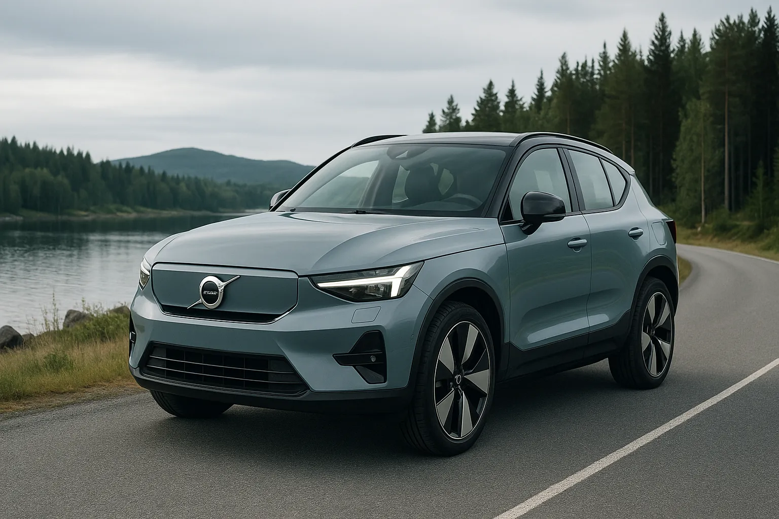 Volvo Elektro-SUV vor moderner Architektur als Symbol für die kommende Modelloffensive bis 2030 supporting image 2